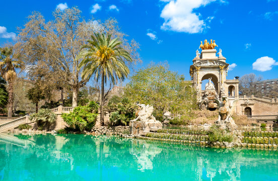 A detailed view of the top of the cascading fountain in The Parc de la Ciutadella, Barcelona, Spain