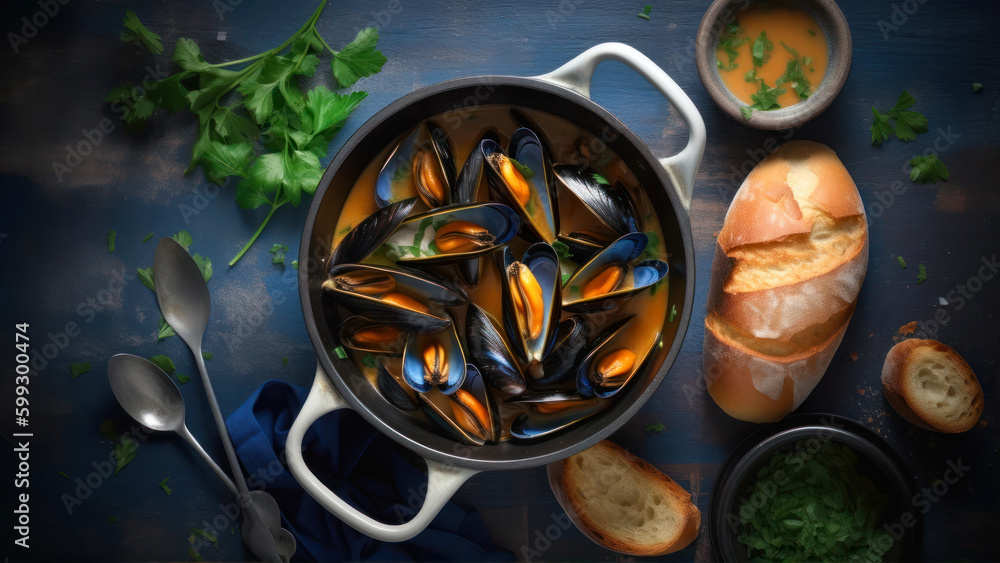 Aufkleber mussels in tomato sauce with bread on rustic table, top view generative ai
