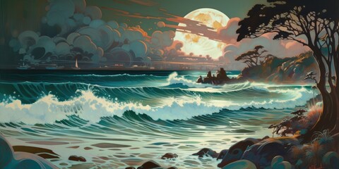 Fototapeta na wymiar A dark luministic painting showing large waves crashing on a full moon coastline