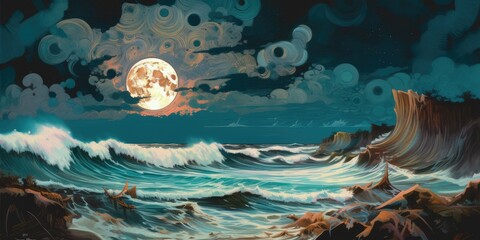 A dark luministic painting showing large waves crashing on a full moon coastline