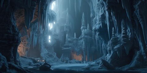 Naklejka premium fantasy ice caves deep underground - generative ai