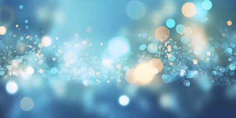Obraz na płótnie Canvas Shining blurred blue bokeh background with glitters and lights. Glowing holiday banner for christmas, new year and other celebrations with bokeh lights and copy space. Generative AI