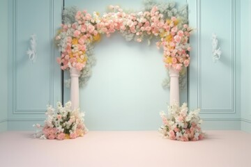 wedding backdrop aesthetic flower decoration pastel color indoor minimalist studio background AI Generated