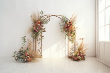 Fototapeta premium wedding backdrop aesthetic flower decoration indoor minimalist studio background AI Generated