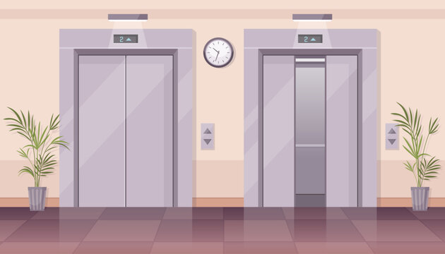 Elevator doors. Vector illustration of office or hotel hallway with open and closed elevator doors, clock, plants, floor indicator, cargo cabins. Lobby interior, corridor in house with lift.