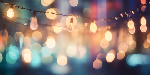 Abstract bokeh dark background illustration with colorful lights. Blurred bokeh multicolored background with city lights and lamps in trendy colors, copy space. Generative AI