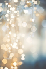 Obraz premium Shining blurred warm golden bokeh background with glitters and lights. Glowing holiday banner for christmas, new year and other celebrations with bokeh lights and copy space. Generative AI