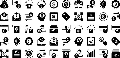 Money Icon Set Isolated Silhouette Solid Icons With Payment, Money, Symbol, Business, Finance, Cash, Icon Infographic Simple Vector Illustration