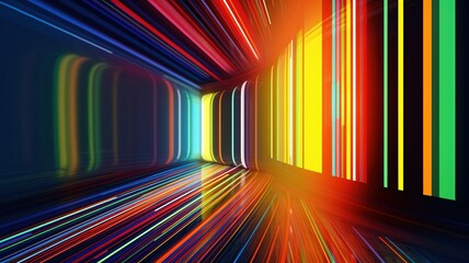 3d render, abstract panoramic neon, light speed background. Bright purple violet pink lines glowing in ultraviolet light, generative ai, futuristic path. 