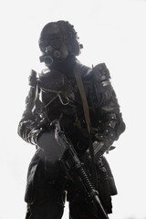 Shot of post apocalyptic survivor with rifle dressed in military uniform.