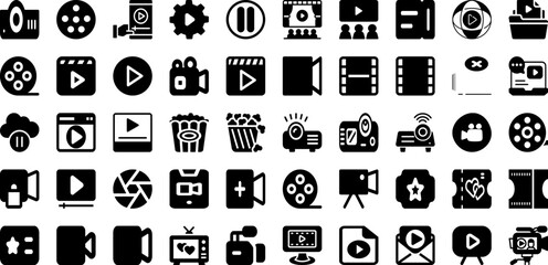 Movie Icon Set Isolated Silhouette Solid Icons With Illustration, Entertainment, Cinema, Movie, Film, Icon, Video Infographic Simple Vector Illustration