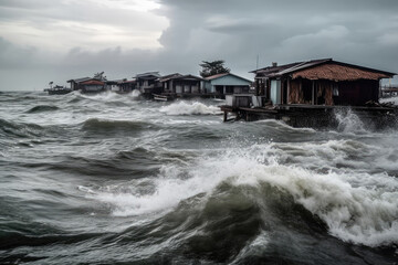 Coastal structures battered by El Nino related storm surges. Destructive power of El Nino related storm surges as they crash against coastal structures, causing damage and erosion. Generative AI 
