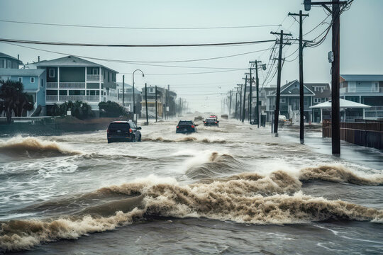 Devastating storm surges hit coastal communities worldwide. Destructive impact of storm surges on vulnerable coastal communities around the globe. Generative AI