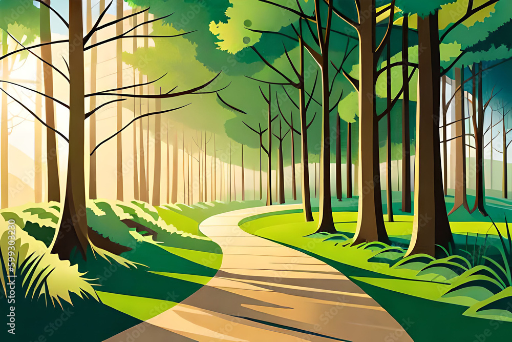 Poster an image of a serene forest with a winding path leading into the distance, surrounded by tall trees 