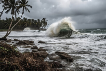 Cyclone battering Pacific island coast. Powerful force of a cyclone as it batters the coast of a Pacific Island. Generative AI. - obrazy, fototapety, plakaty