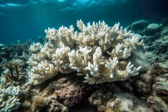 Close-up of bleached coral serves as a poignant reminder of the devastating effects of El Nino on our oceans. Generative AI.