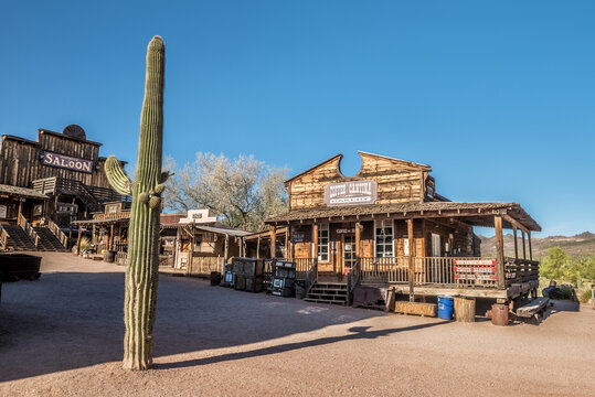 GOLDFIELD, ARIZONA, USA - MAY 17, 2016 : Old saloon and bakery in Goldfield Ghost town. Goldfield, later Youngsberg was a gold mining town, now a ghost town in Pinal County, Arizona.