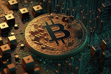 bitcoin background surrounded with connection network and chipset by generative AI