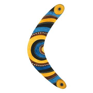 Australian native boomerang watercolor illustration isolated on white. High quality illustration