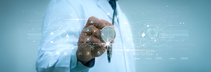 Doctor work with experiences a virtual interface with analysis. Digital healthcare and network...