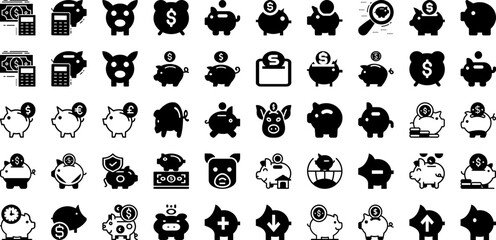 Piggy Icon Set Isolated Silhouette Solid Icons With Cash, Money, Piggy, Icon, Bank, Vector, Business Infographic Simple Vector Illustration