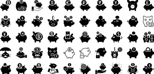 Piggy Icon Set Isolated Silhouette Solid Icons With Piggy, Icon, Bank, Vector, Cash, Money, Business Infographic Simple Vector Illustration