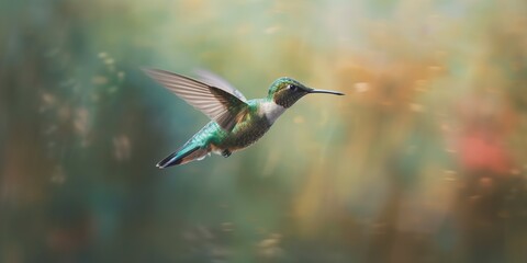 Fototapeta premium A hummingbird frozen mid-flight, contrasting its rapid wingbeats against a serene, pastel canvas, concept of Motionlessness, created with Generative AI technology