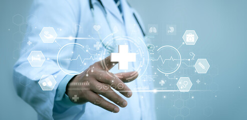 A medical worker touch medical cross shape and healthcare, Virus pandemic develop people awareness and spread attention on their healthcare in global.