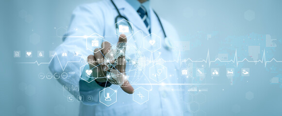 Doctor holding virtual globe with healthcare network connection with analysis. Digital healthcare...