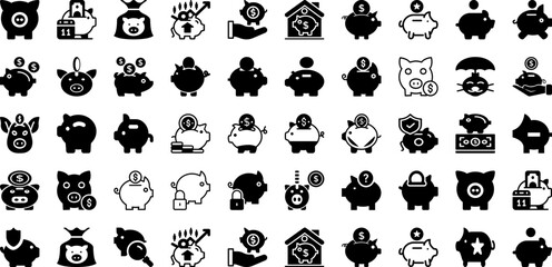 Piggy Icon Set Isolated Silhouette Solid Icons With Bank, Vector, Icon, Cash, Piggy, Money, Business Infographic Simple Vector Illustration
