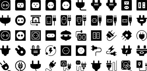 Plug Icon Set Isolated Silhouette Solid Icons With Icon, Sign, Electric, Plug, Energy, Power, Cable Infographic Simple Vector Illustration