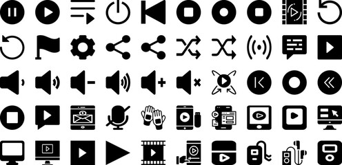 Play Icon Set Isolated Silhouette Solid Icons With Button, Play, Music, Media, Icon, Sign, Symbol Infographic Simple Vector Illustration