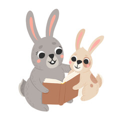 Icon of cute mommy and baby rabbit reading book in cartoon style. Bunny pet silhouette. Hare mom and kid colorful illustration for childrens book, postcards and posters.