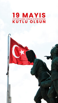 19 May Commemoration of Ataturk Youth and Sports Day, Turkish National day, 19 Mayıs Atat&uuml;rk'&uuml; Anma Gen&ccedil;lik ve Spor Bayramı Kutlu Olsun Social Media banner, waving Turkish Flag, vertical story post