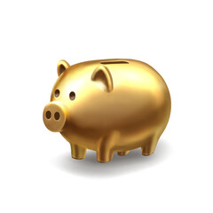 Gold piggy Bank. Golden realistic pig, saving money. Vector 3d
