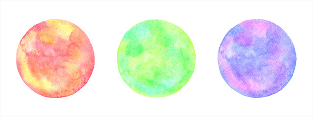 Colorful watercolor circles set, collection. Violet, green, yellow, orange aquarelle stains bright hand drawn painted backgrounds, round watercolour text frames. Uneven artistic edge.