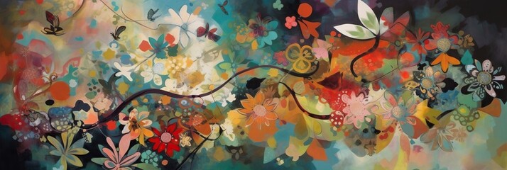 A vibrant, abstract collage depicting the changing seasons, with swirling leaves, blooming flowers, and snowflakes all intermingling, concept of Nature's cycle, created with Generative AI technology