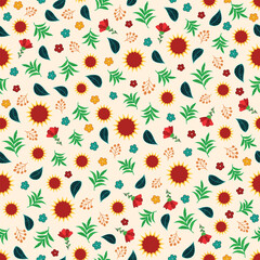 Vintage seamless floral pattern. Background of small bright color flowers and leaves. Great for scrapbook cards, web background, textile and home decor projects. Vector illustration.