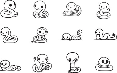 set of funny cute snake vector line arts