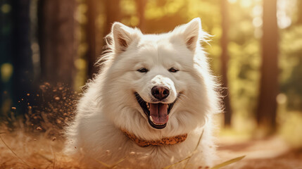 perro samoyedo blanco en el bosque.IA generativa