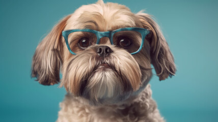 perrito shih tzu con gafas, sobre fondo turquesa.. Ilustracion de ia generativa