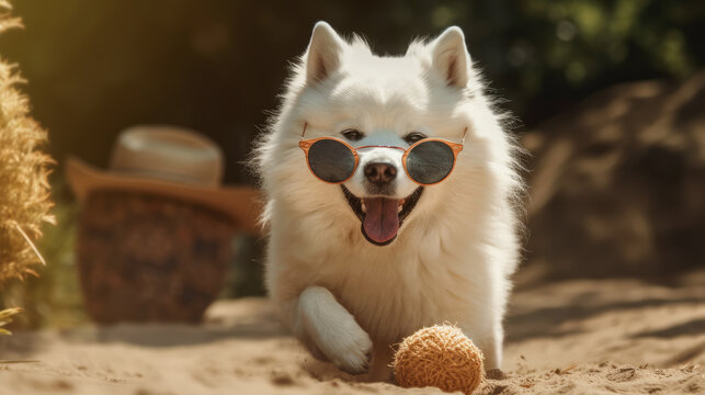 perro samoyedo blanco en la playa.IA generativa