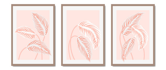 Fototapeta na wymiar Abstract poster set, tropical wall art vector. Leaves, organic shapes, pink tone, exotic tree in abstract style. Decoration collection design for interior, poster, cover, banner, print.