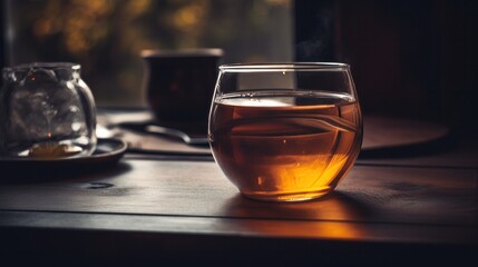 A cup of a hot glass tea on a wooden table cozy enviromn. AI generated.