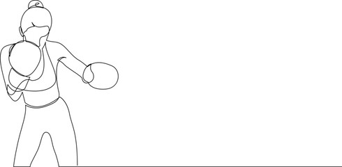 Continuous one line drawing of sporty boxer woman punching use gloves. Vector illustration.