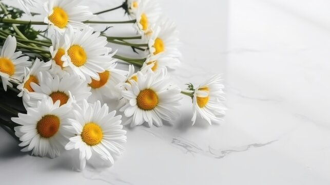 Small bouquet of daisies lying on a white table top view. AI generated