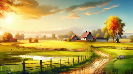Obraz premium Countryside landscape rural farm and farmland field. AI generated