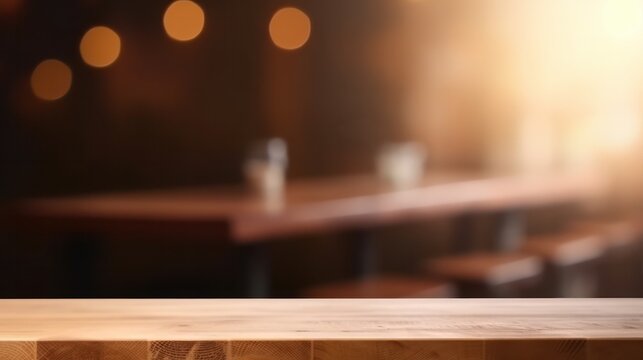 Empty wooden table on blurred bar background. AI generated.