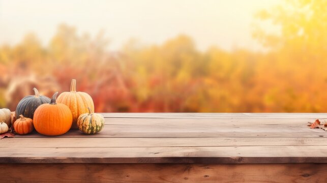 Empty wooden table with pumpkin on blurred bar background. Thanksgiving holiday concept. AI generate