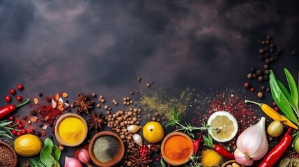 Fototapeta na wymiar Spices and herbs banner background. Variety of spices. AI generated.